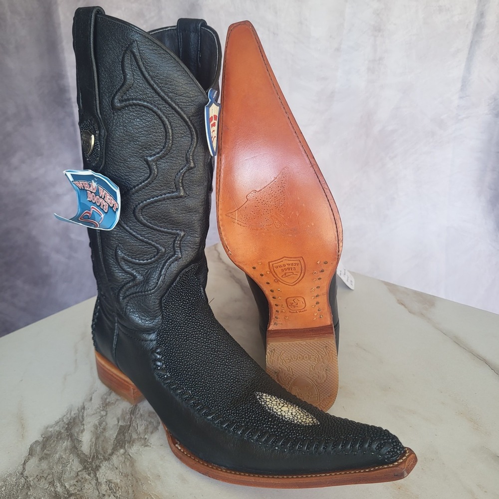 Wild West Genuine Stingray Boots Black Men's Size 7.5 Elongated Snip Toe